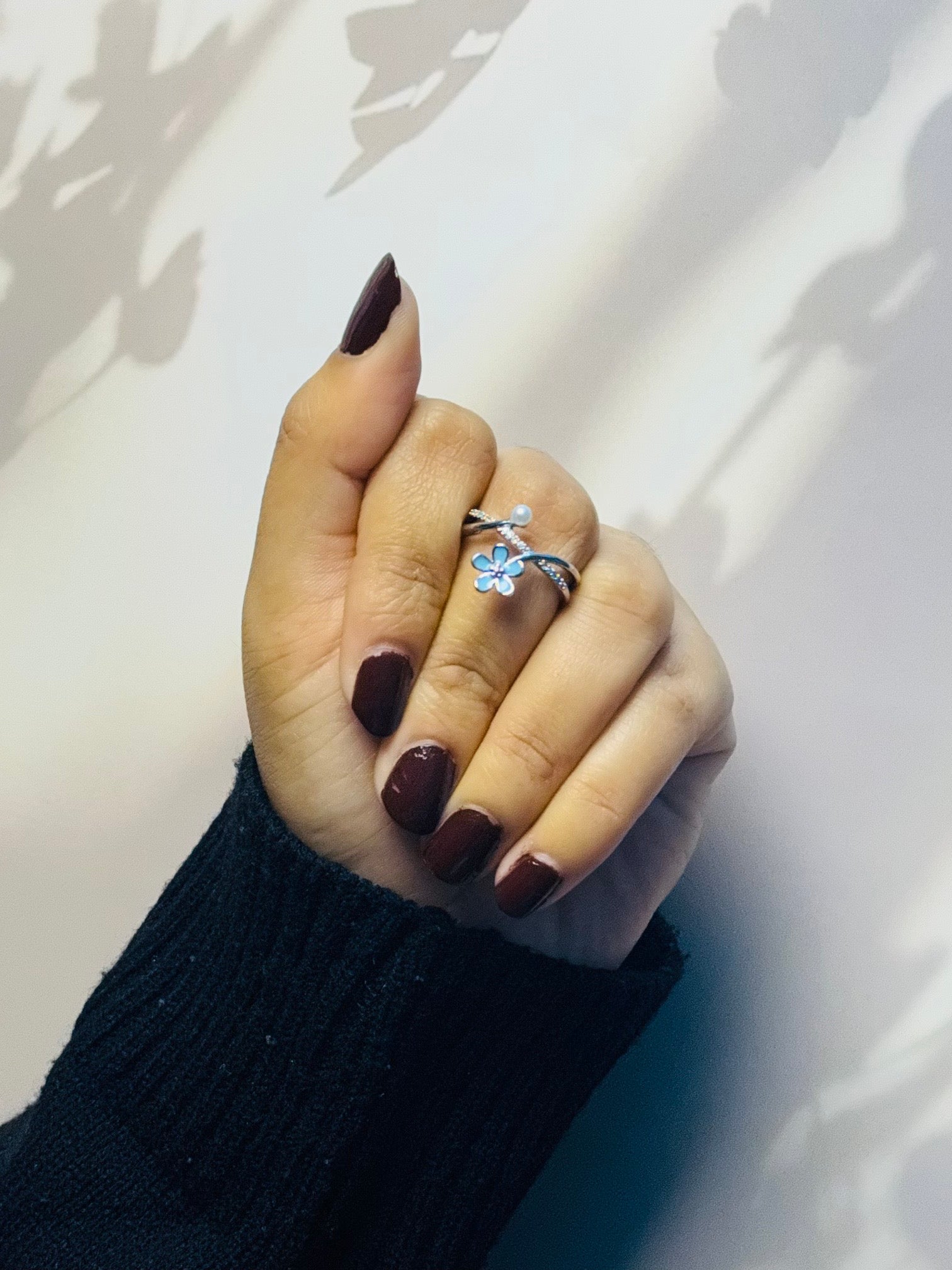 Blue Floral Pearl Open Ring